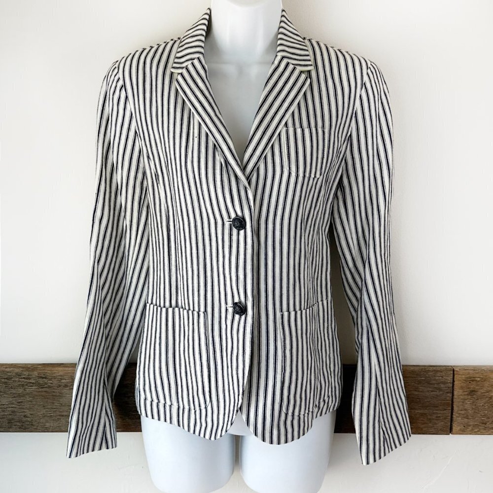 GAP Navy and White Ticking Blazer Jacket Linen Cotton 4 - Picture 8 of 8